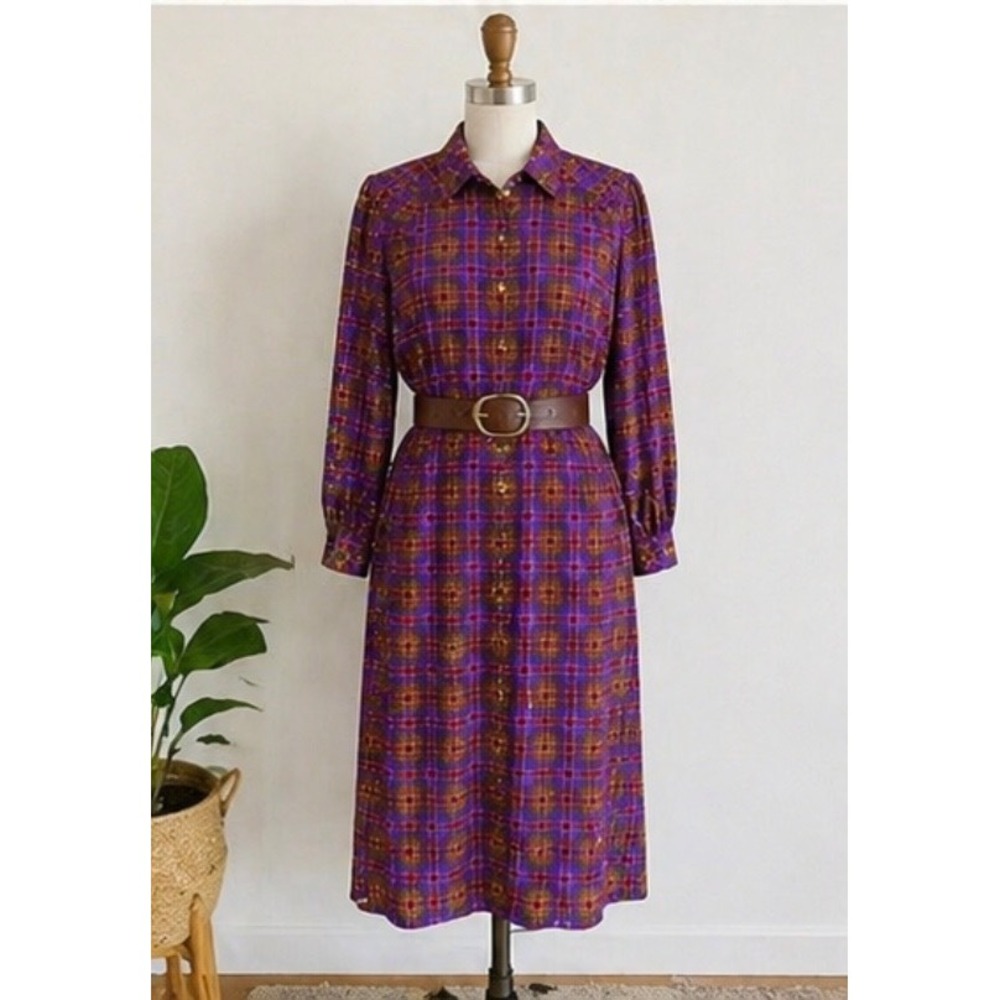 Vintage Diane von Furstenberg Silk Plaid Shirt Dress Purple Brown Midi Size 4